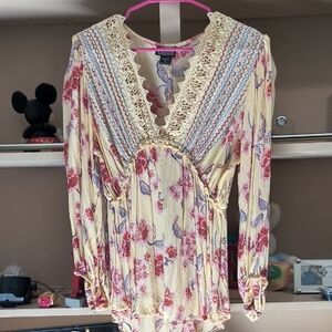 Angie Cream and Pink Long Sleeve Ruffled Blouse